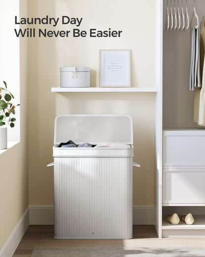 SONGMICS 26 Gallons Laundry Hamper with Lid Bamboo Laundry Basket with Handles White