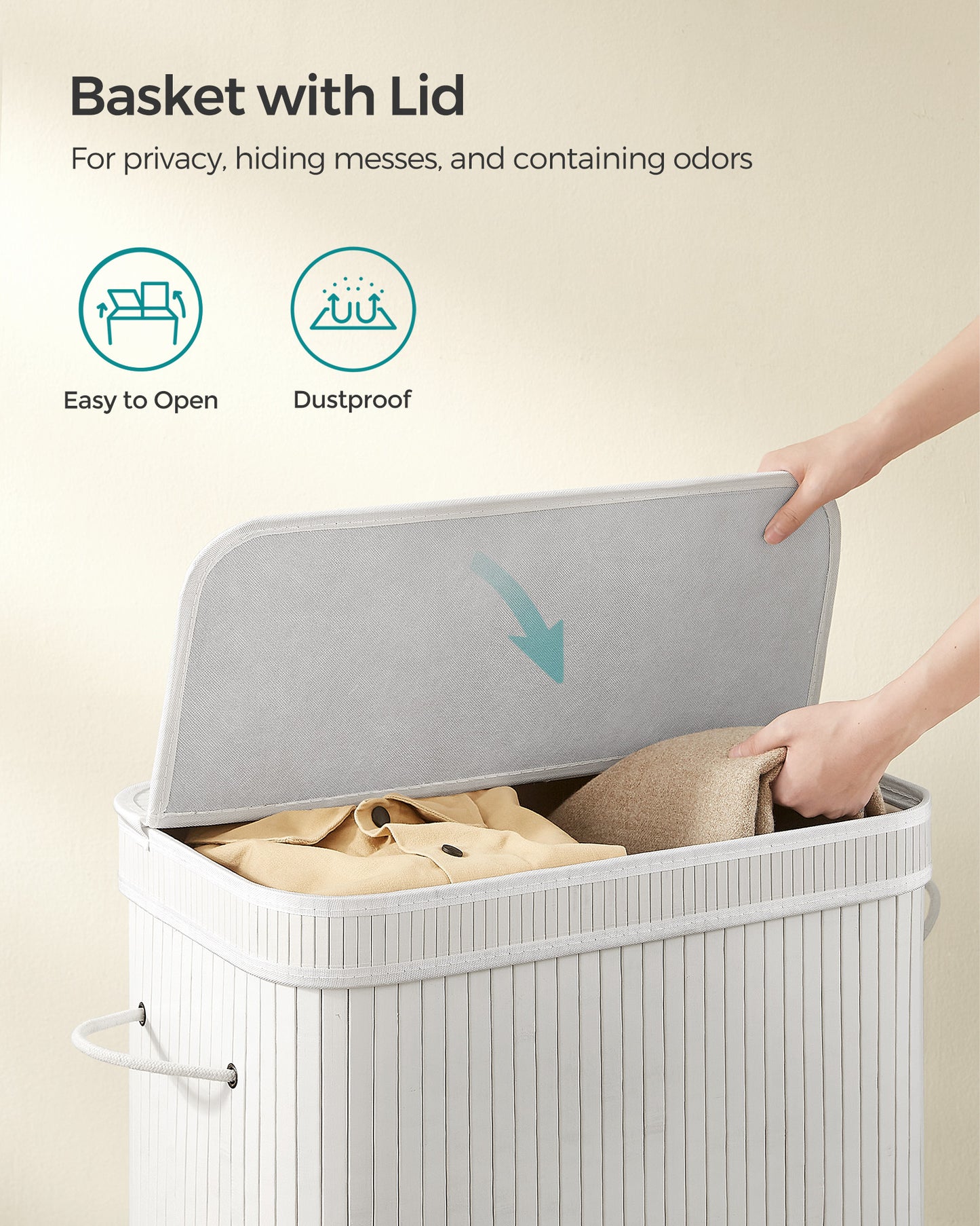 SONGMICS 26 Gallons Laundry Hamper with Lid Bamboo Laundry Basket with Handles White