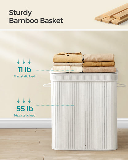 SONGMICS 26 Gallons Laundry Hamper with Lid Bamboo Laundry Basket with Handles White