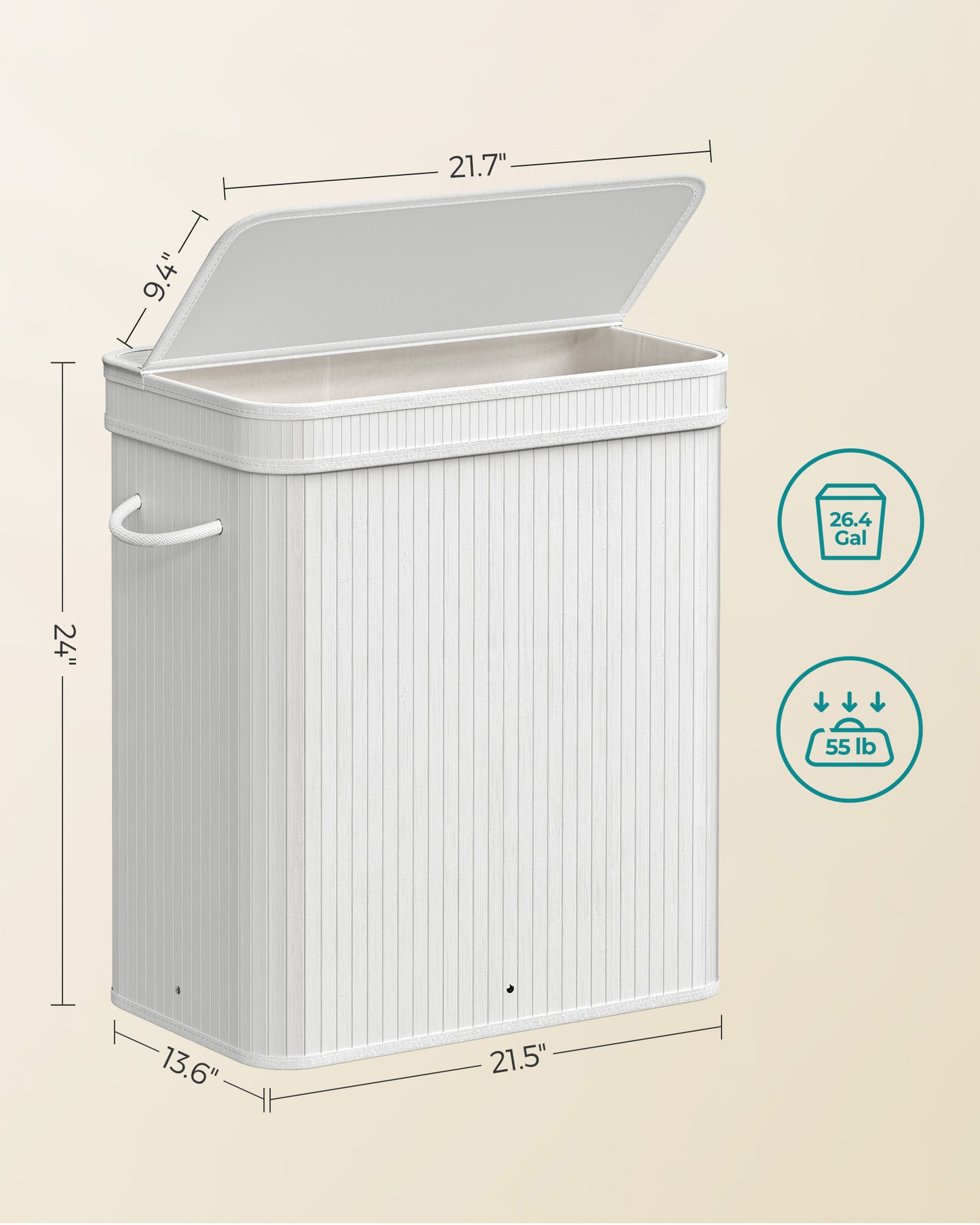 SONGMICS 26 Gallons Laundry Hamper with Lid Bamboo Laundry Basket with Handles White