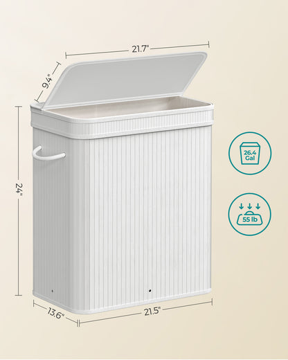 SONGMICS 26 Gallons Laundry Hamper with Lid Bamboo Laundry Basket with Handles White