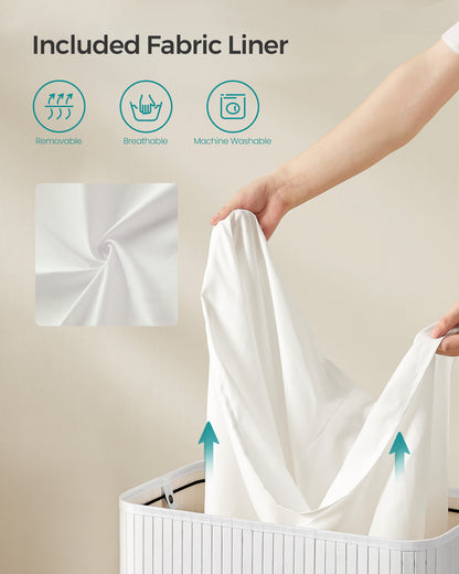 SONGMICS 26 Gallons Laundry Hamper with Lid Bamboo Laundry Basket with Handles White