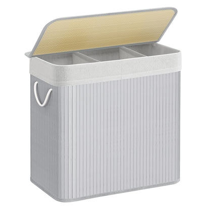 SONGMICS Laundry Hamper, 39.6 Gallons (150L), 3-Section Laundry Basket, Laundry Hamper with Lid, Bamboo, Foldable, Removable and Machine Washable Liner, for Laundry Room, Bedroom, Gray