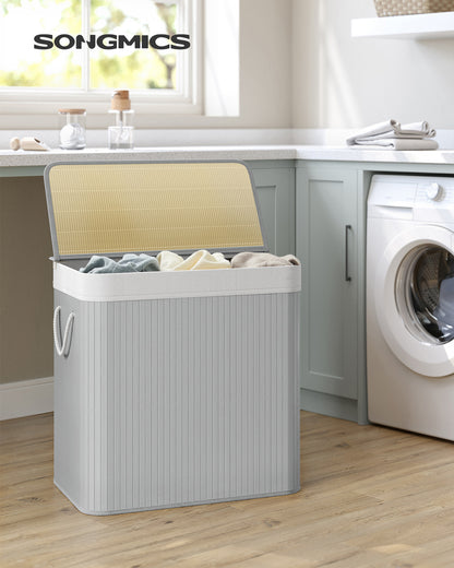 SONGMICS Laundry Hamper, 39.6 Gallons (150L), 3-Section Laundry Basket, Laundry Hamper with Lid, Bamboo, Foldable, Removable and Machine Washable Liner, for Laundry Room, Bedroom, Gray