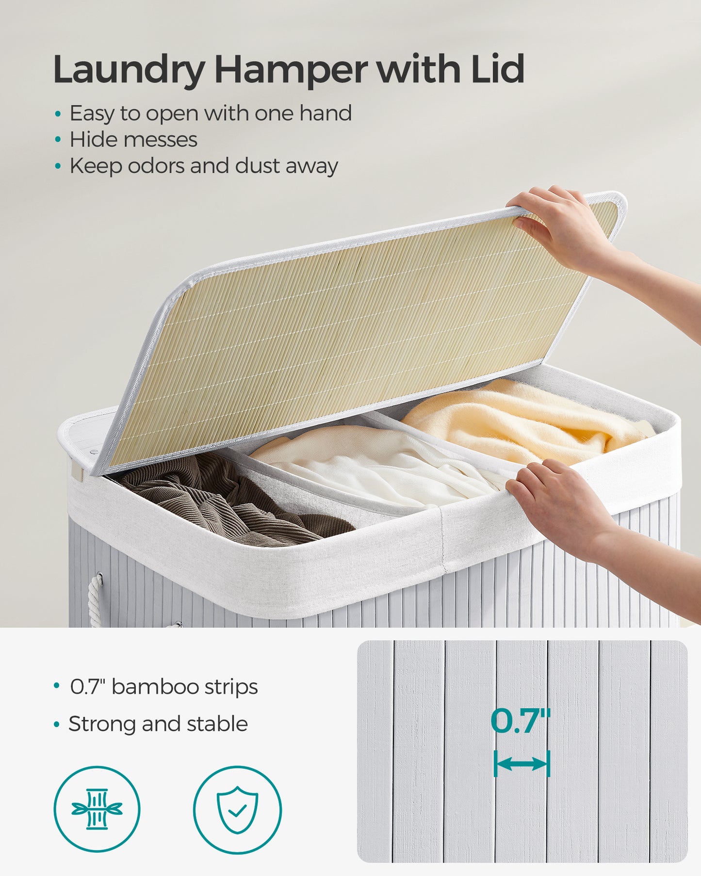 SONGMICS Laundry Hamper, 39.6 Gallons (150L), 3-Section Laundry Basket, Laundry Hamper with Lid, Bamboo, Foldable, Removable and Machine Washable Liner, for Laundry Room, Bedroom, Gray