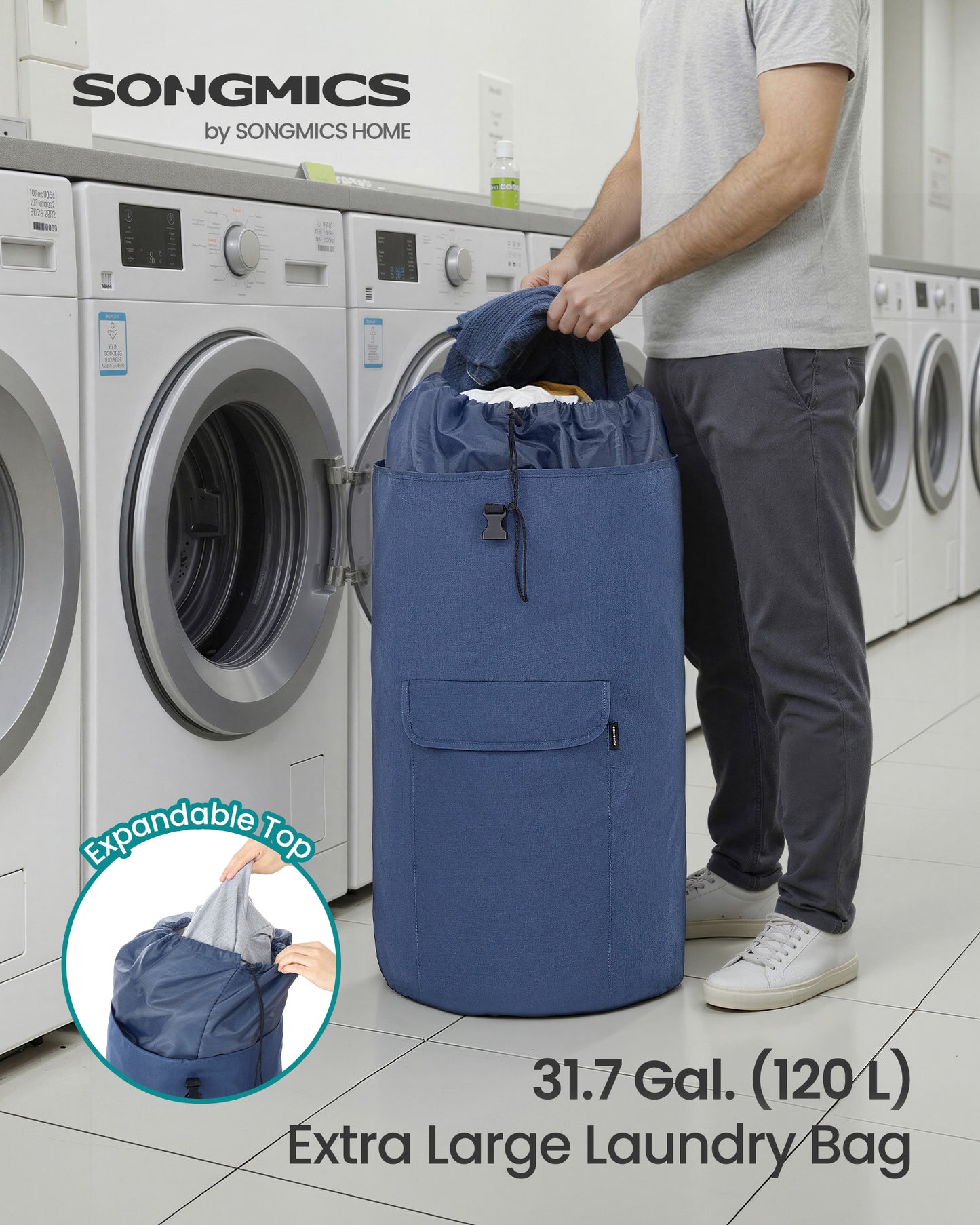 SONGMICS Laundry Bag, Laundry Backpack 31.7 Gallons, Heavy-Duty, Large with Extendable Top, Wide Shoulder Straps and Flap Pocket, Charcoal Blue