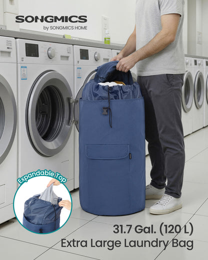 SONGMICS Laundry Bag, Laundry Backpack 31.7 Gallons, Heavy-Duty, Large with Extendable Top, Wide Shoulder Straps and Flap Pocket, Charcoal Blue