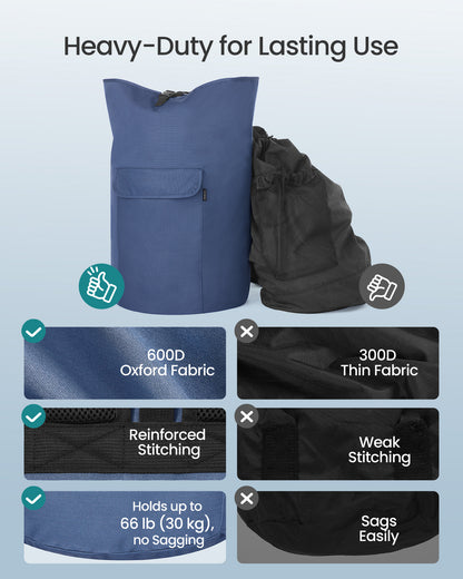 SONGMICS Laundry Bag, Laundry Backpack 31.7 Gallons, Heavy-Duty, Large with Extendable Top, Wide Shoulder Straps and Flap Pocket, Charcoal Blue
