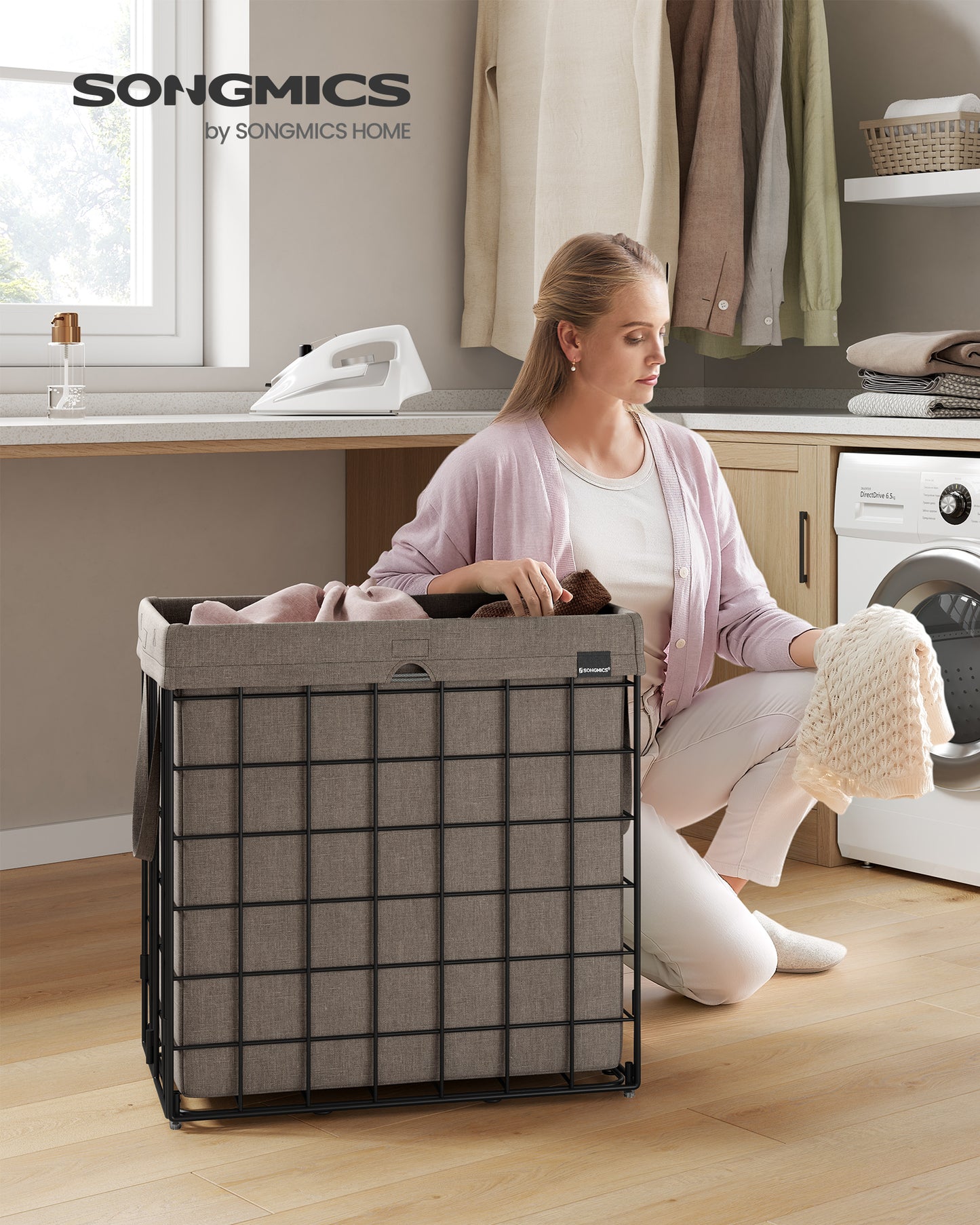 SONGMICS Laundry Hamper 29 Gal. Laundry Basket, Collapsible Clothes Hamper, Removable and Washable Liner for Bedroom Bathroom Black and Camel Brown