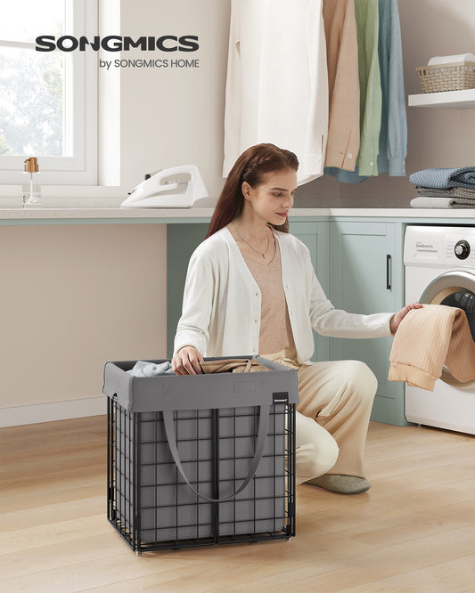 Collapsible Laundry Hamper with Removable Washable Liner, 11 Gallon Metal Frame Clothes Basket for Bedroom Bathroom, Black and Gray
