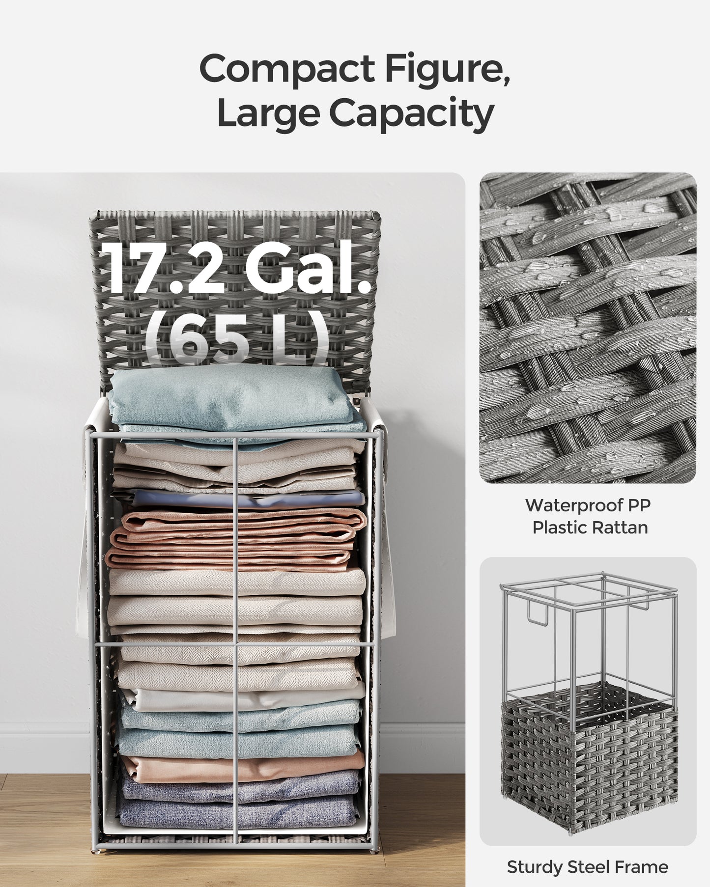 65L Laundry Hamper with Lid Folding Laundry Basket Clothes Hamper with Removable Liner for Laundry Room Gray