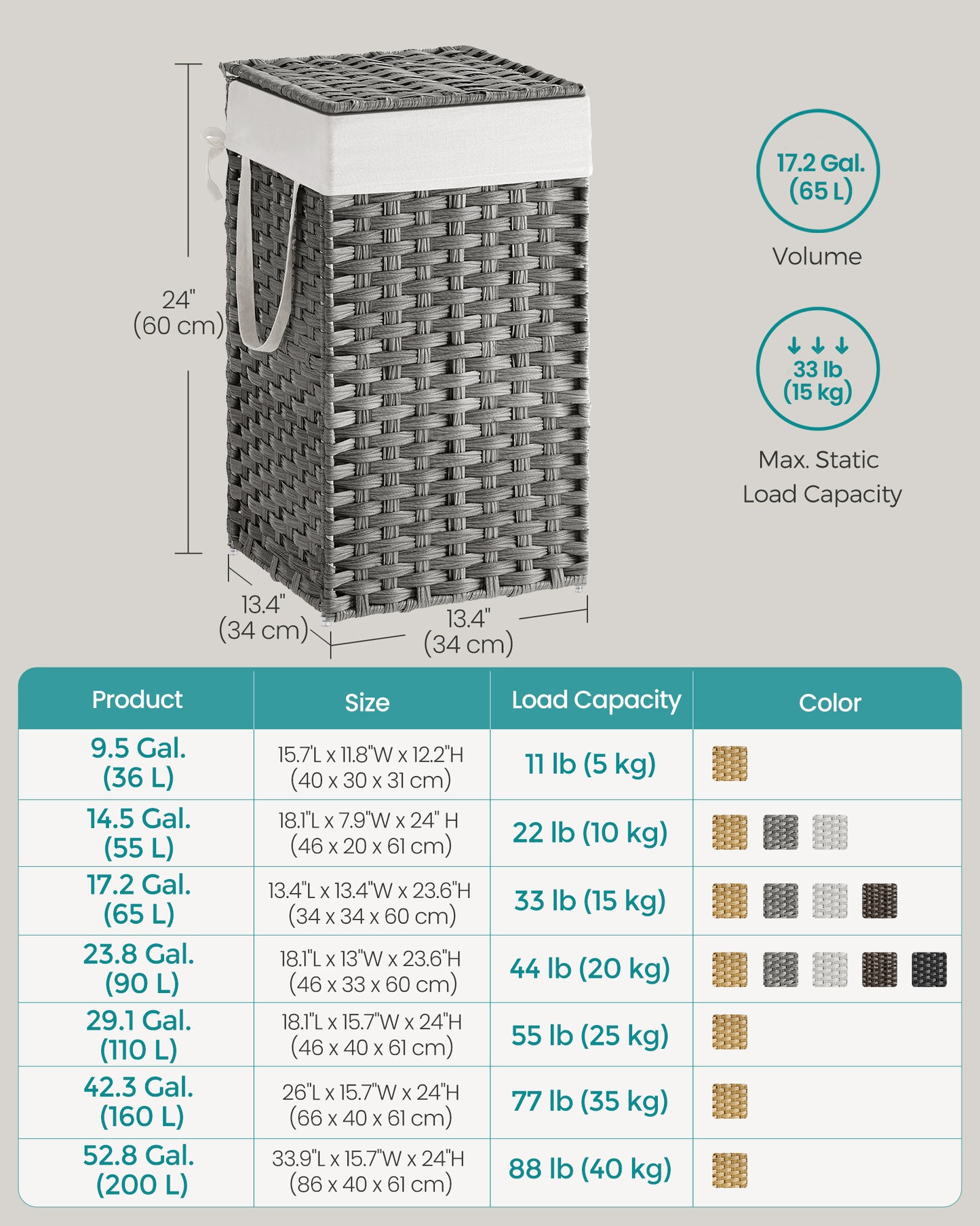 65L Laundry Hamper with Lid Folding Laundry Basket Clothes Hamper with Removable Liner for Laundry Room Gray