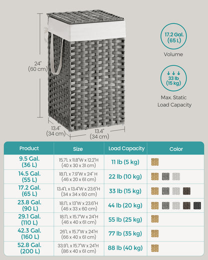 65L Laundry Hamper with Lid Folding Laundry Basket Clothes Hamper with Removable Liner for Laundry Room Gray