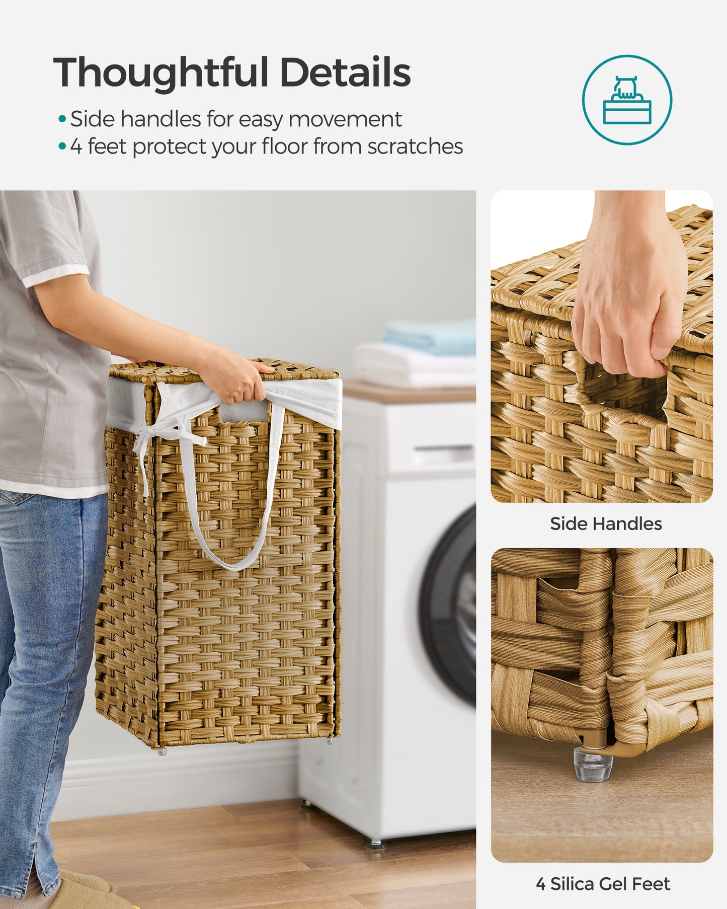 17.2 Gallon (65L) Wicker Laundry Hamper with Lid Laundry Basket with Handles Clothes Hamper Foldable Removable Liner Bag Natural