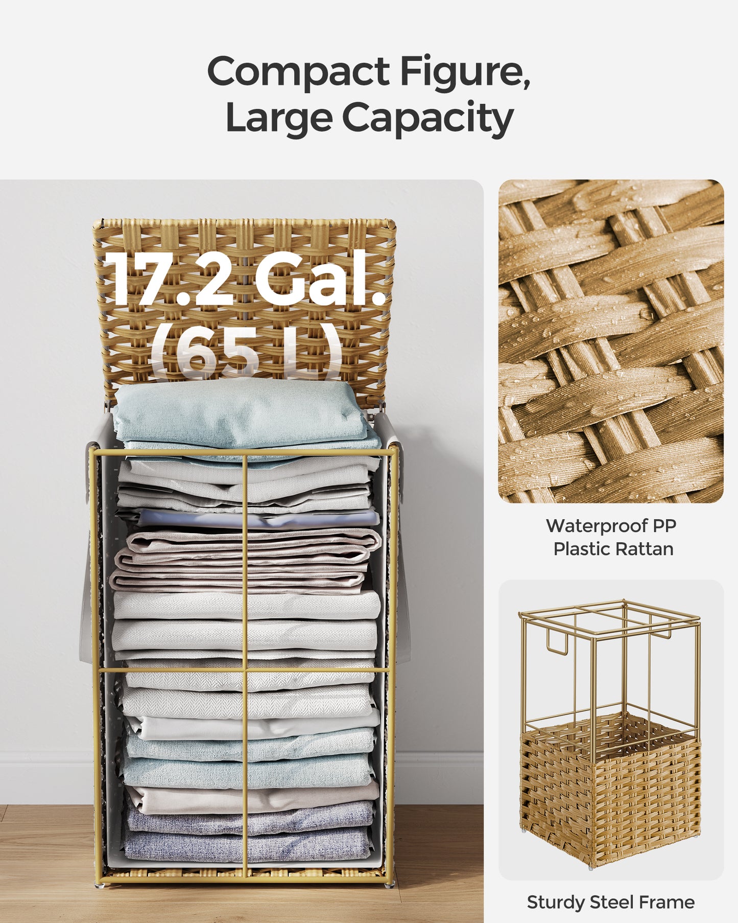 17.2 Gallon (65L) Wicker Laundry Hamper with Lid Laundry Basket with Handles Clothes Hamper Foldable Removable Liner Bag Natural