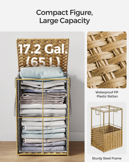 17.2 Gallon (65L) Wicker Laundry Hamper with Lid Laundry Basket with Handles Clothes Hamper Foldable Removable Liner Bag Natural