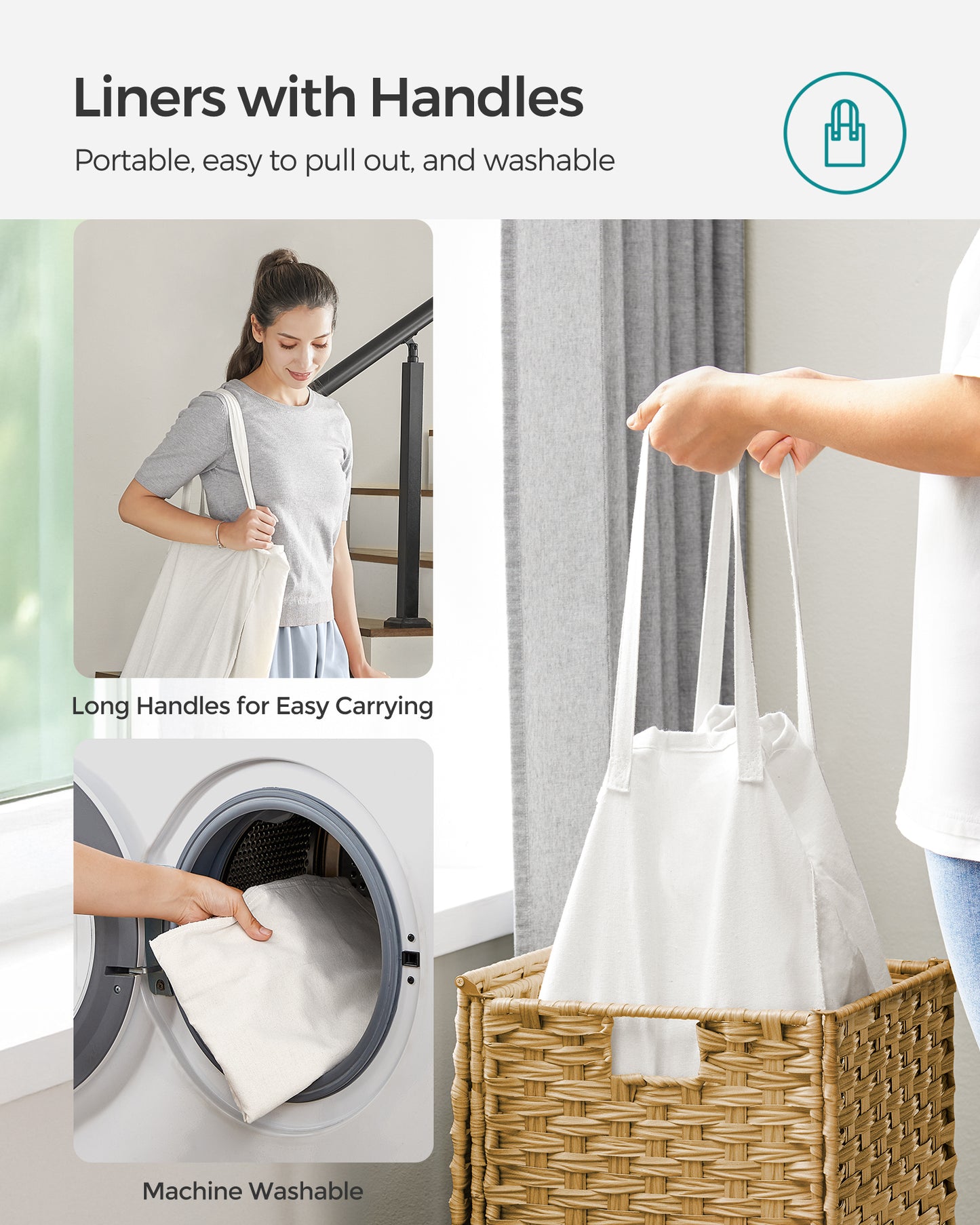 17.2 Gallon (65L) Wicker Laundry Hamper with Lid Laundry Basket with Handles Clothes Hamper Foldable Removable Liner Bag Natural
