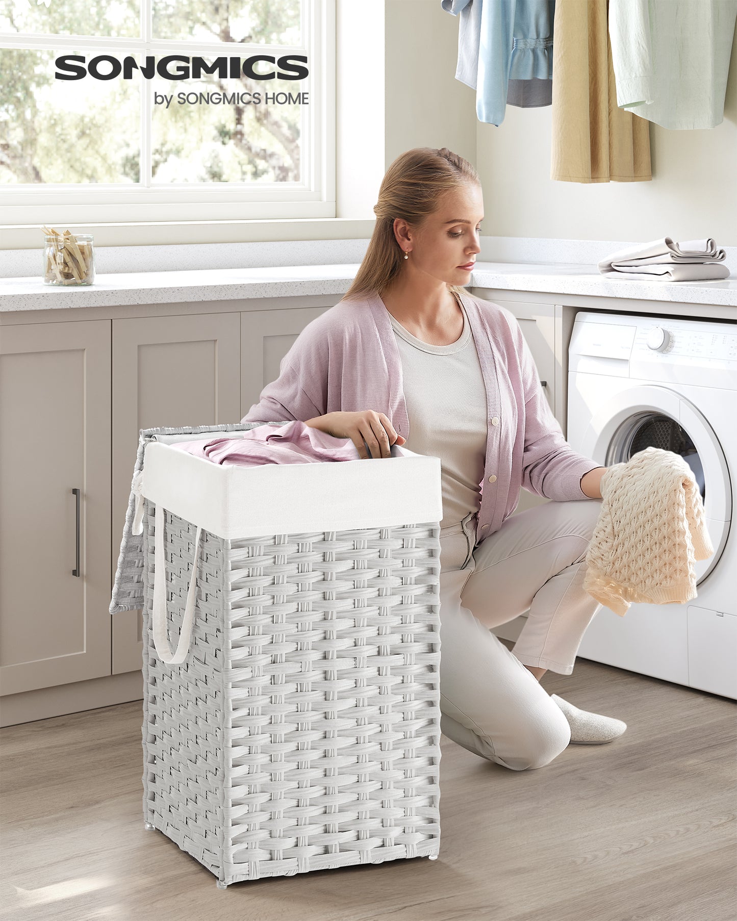 Laundry Hamper with Lid 17.2 Gallon Rattan Clothes Laundry Basket with Lid and Handles Foldable Removable Liner for Laundry Room White