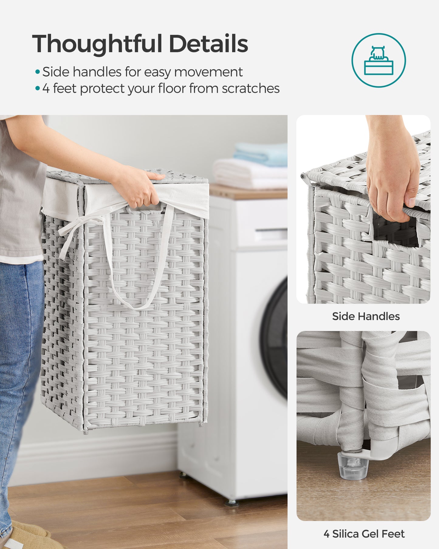 Laundry Hamper with Lid 17.2 Gallon Rattan Clothes Laundry Basket with Lid and Handles Foldable Removable Liner for Laundry Room White