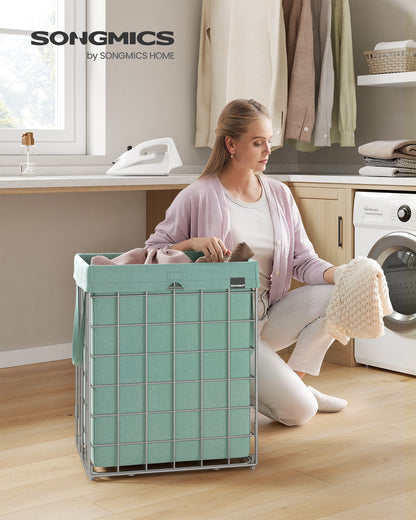 SONGMICS Laundry Hamper, 23.8 Gal. Laundry Basket, Collapsible Clothes Hamper, Removable and Washable Liner for Bedroom Bathroom Silver and Mint Green