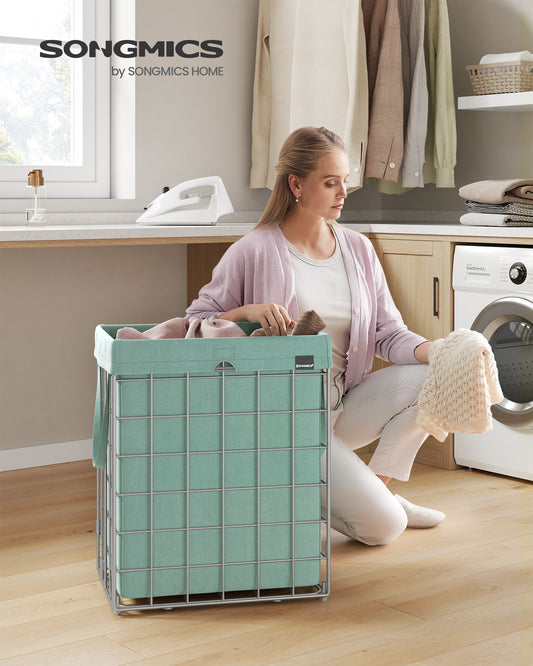 SONGMICS Laundry Hamper, 23.8 Gal. Laundry Basket, Collapsible Clothes Hamper, Removable and Washable Liner for Bedroom Bathroom Silver and Mint Green