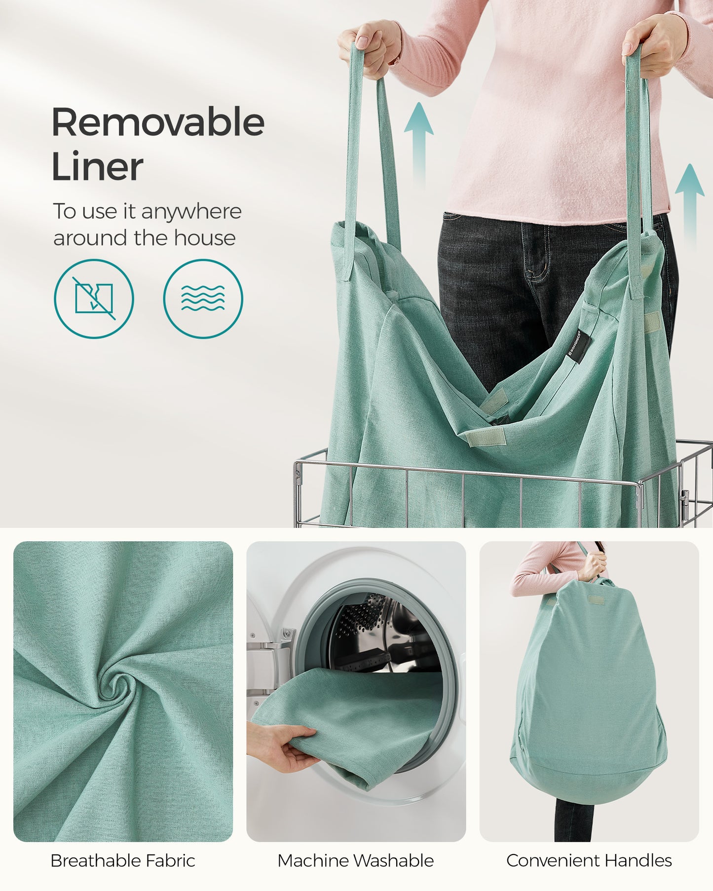 SONGMICS Laundry Hamper, 23.8 Gal. Laundry Basket, Collapsible Clothes Hamper, Removable and Washable Liner for Bedroom Bathroom Silver and Mint Green