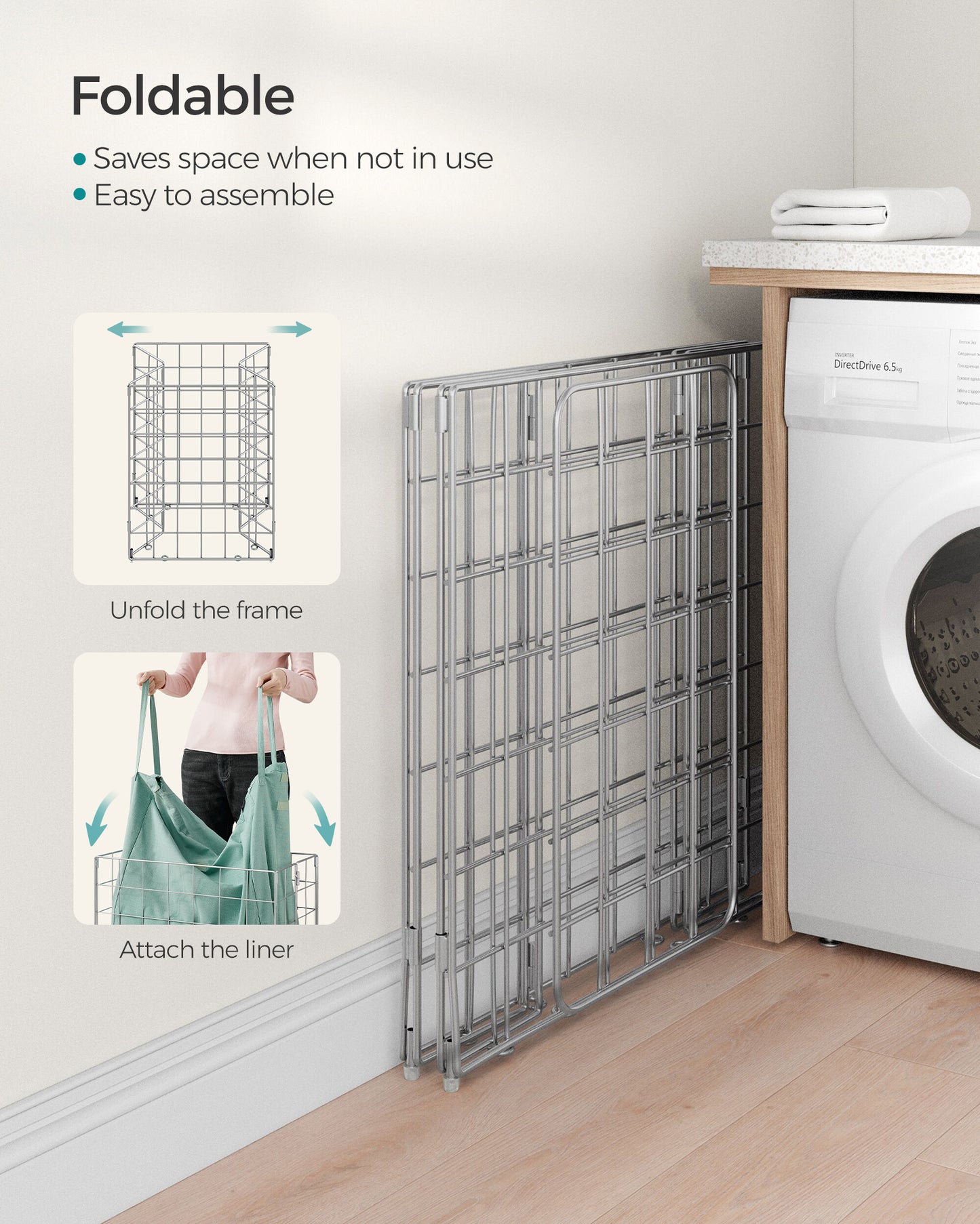 SONGMICS Laundry Hamper, 23.8 Gal. Laundry Basket, Collapsible Clothes Hamper, Removable and Washable Liner for Bedroom Bathroom Silver and Mint Green