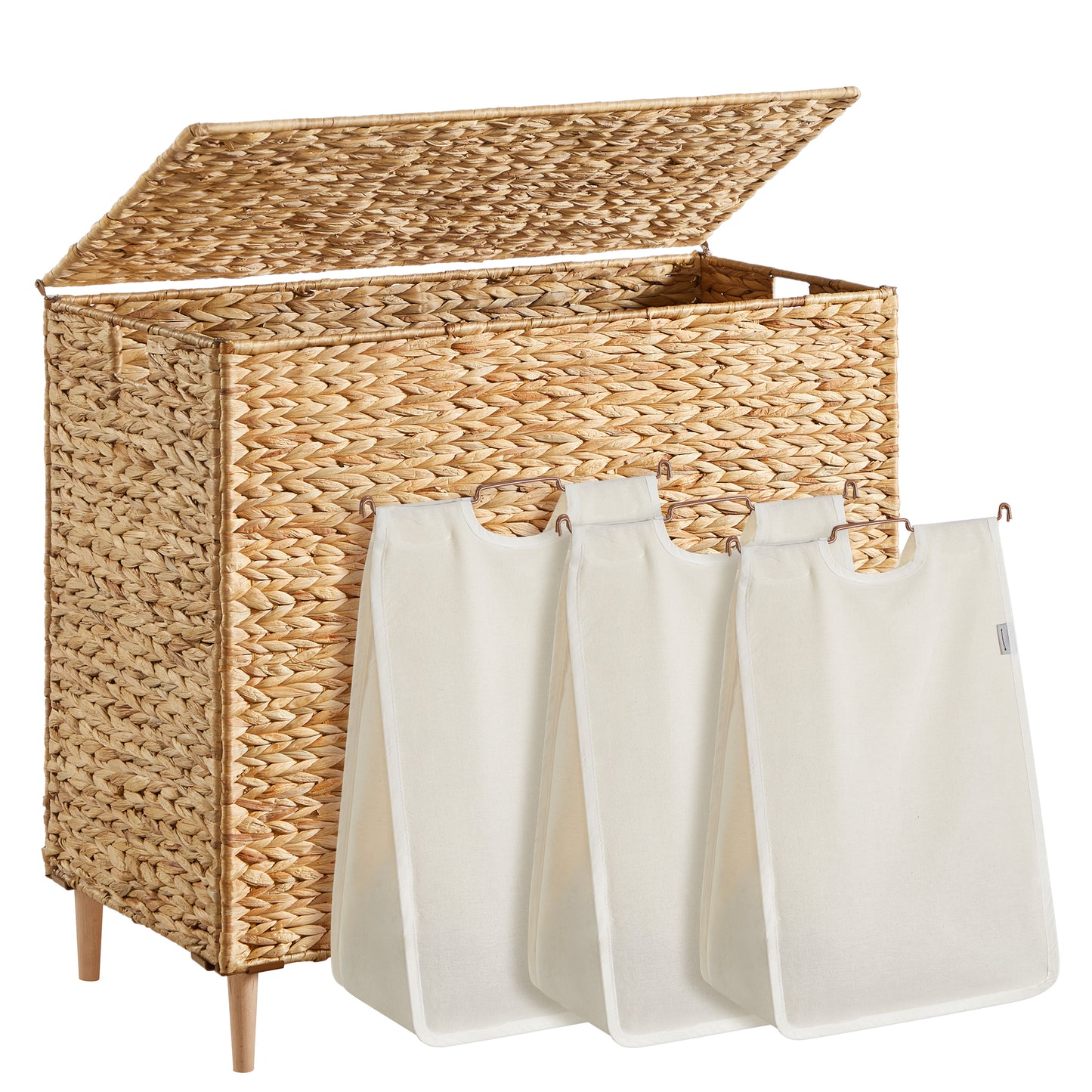 SONGMICS Laundry Hamper 3 Sections, 47.5 Gal. (180 L) Handwoven Water Hyacinth Wicker, with Lid, Removable Washable Liners, Handles, Natural