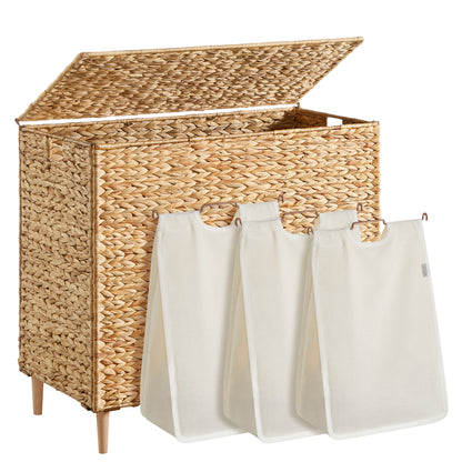 SONGMICS Laundry Hamper 3 Sections, 47.5 Gal. (180 L) Handwoven Water Hyacinth Wicker, with Lid, Removable Washable Liners, Handles, Natural