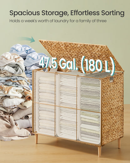 SONGMICS Laundry Hamper 3 Sections, 47.5 Gal. (180 L) Handwoven Water Hyacinth Wicker, with Lid, Removable Washable Liners, Handles, Natural