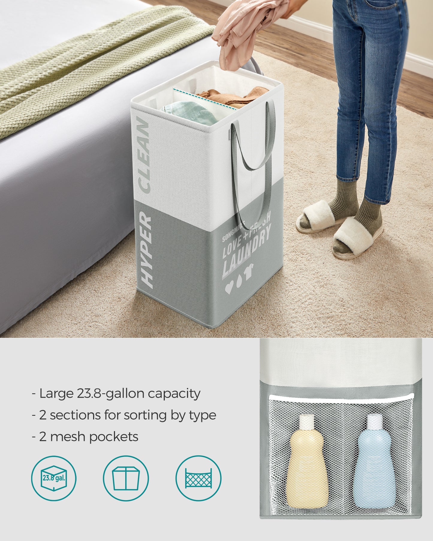 Laundry Baskets, Laundry Hamper with 2 Compartments, 23.8 Gallon (90L) Set of 2 Collapsible Water-Repellent Clothes Hampers, Tall Laundry Bag for Bedroom Bathroom, Light Gray