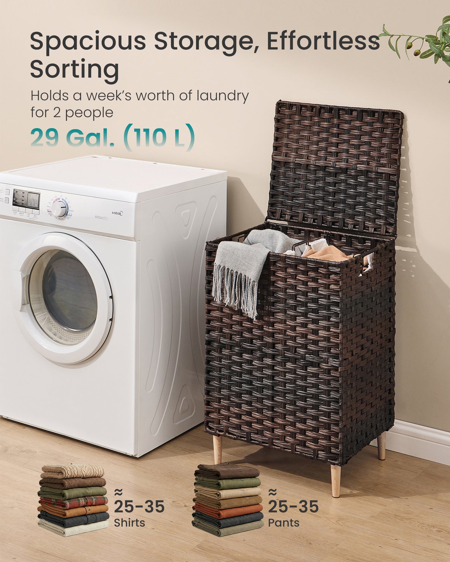 SONGMICS Laundry Hamper with Lid, PE Rattan Laundry Basket with Removable Liner, Storage Basket for Bedroom Living Room, 2-Section Sorter, 29 Gallons (110 L), Chestnut Brown