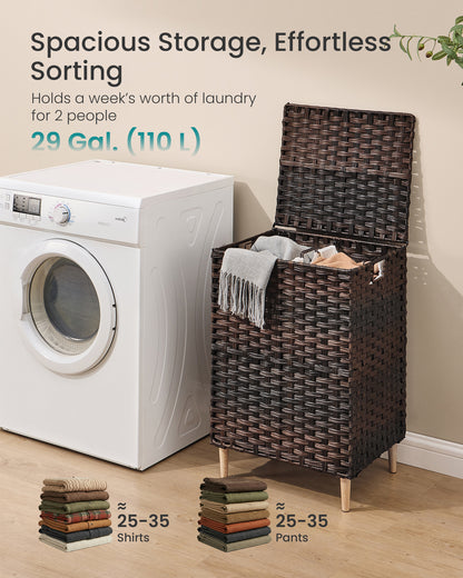 SONGMICS Laundry Hamper with Lid, PE Rattan Laundry Basket with Removable Liner, Storage Basket for Bedroom Living Room, 2-Section Sorter, 29 Gallons (110 L), Chestnut Brown