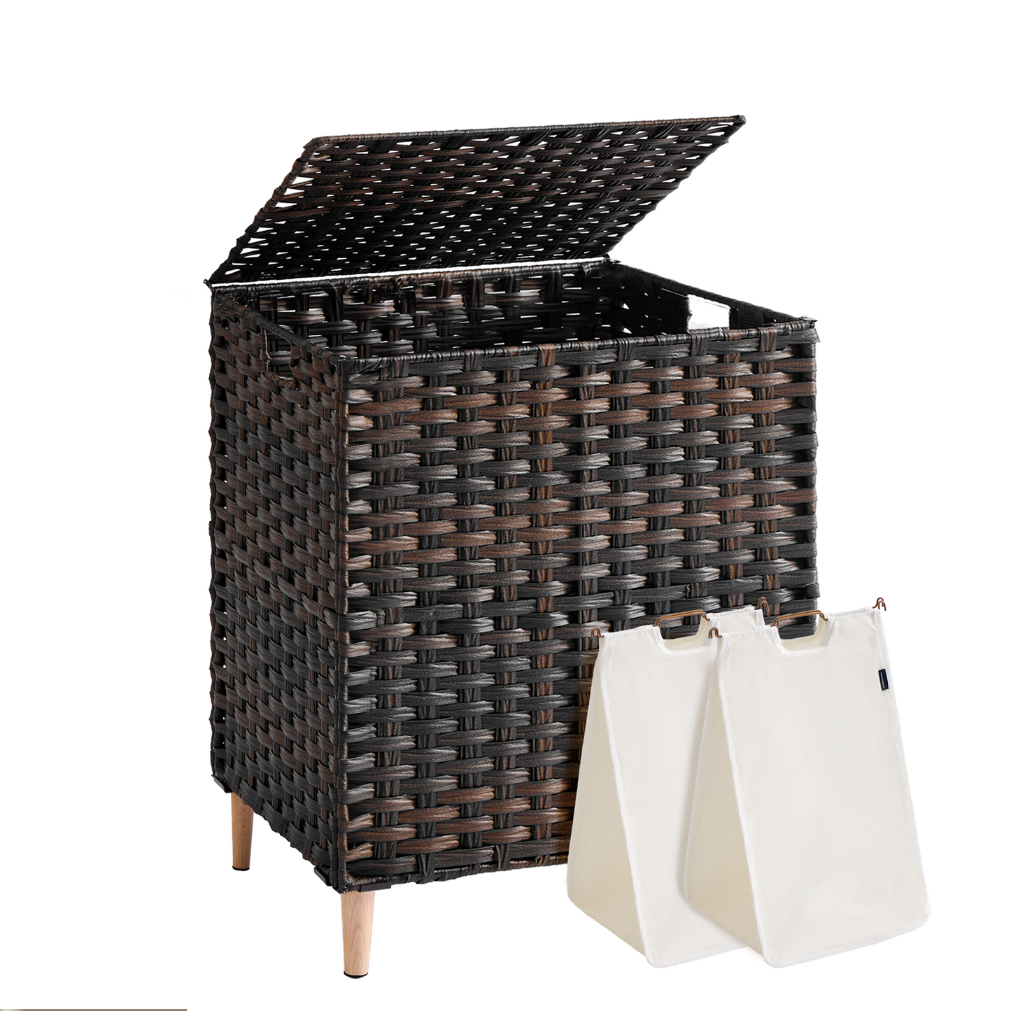 SONGMICS Laundry Hamper with Lid, PE Rattan Laundry Basket with Removable Liner, Storage Basket for Bedroom Living Room, 2-Section Sorter, 29 Gallons (110 L), Chestnut Brown