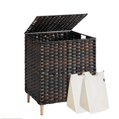 SONGMICS Laundry Hamper with Lid, PE Rattan Laundry Basket with Removable Liner, Storage Basket for Bedroom Living Room, 2-Section Sorter, 29 Gallons (110 L), Chestnut Brown