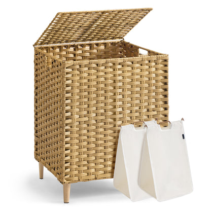 SONGMICS Laundry Hamper with Lid, PE Rattan Laundry Basket with Removable Liner, Storage Basket for Bedroom Living Room, 2-Section Sorter, 29 Gallons (110 L), Goose Yellow