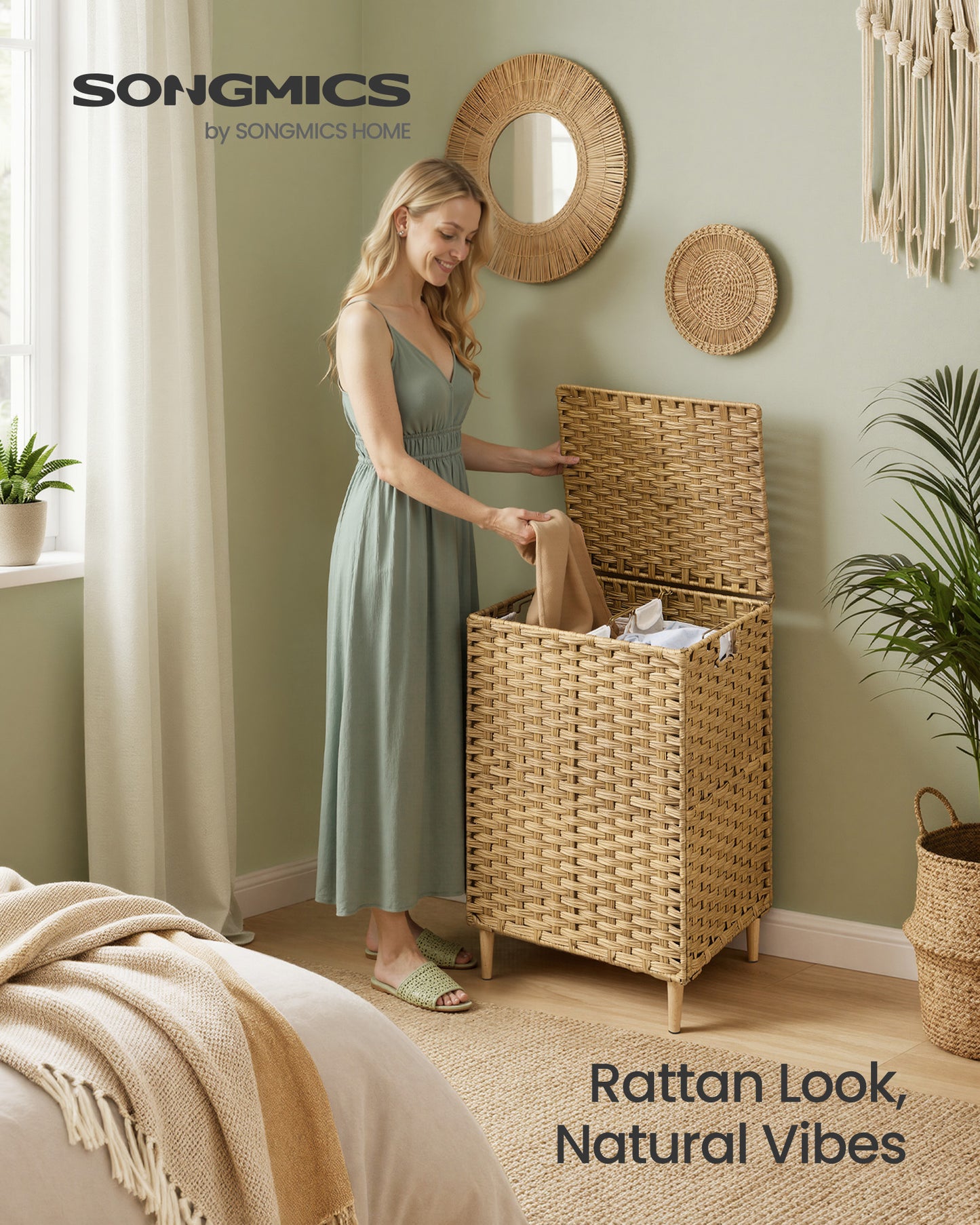 SONGMICS Laundry Hamper with Lid, PE Rattan Laundry Basket with Removable Liner, Storage Basket for Bedroom Living Room, 2-Section Sorter, 29 Gallons (110 L), Goose Yellow