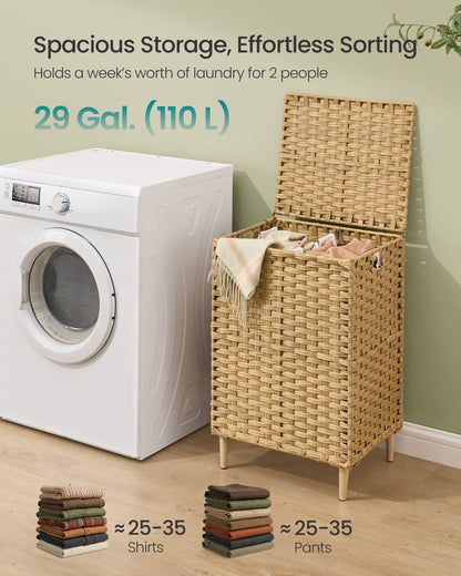 SONGMICS Laundry Hamper with Lid, PE Rattan Laundry Basket with Removable Liner, Storage Basket for Bedroom Living Room, 2-Section Sorter, 29 Gallons (110 L), Goose Yellow