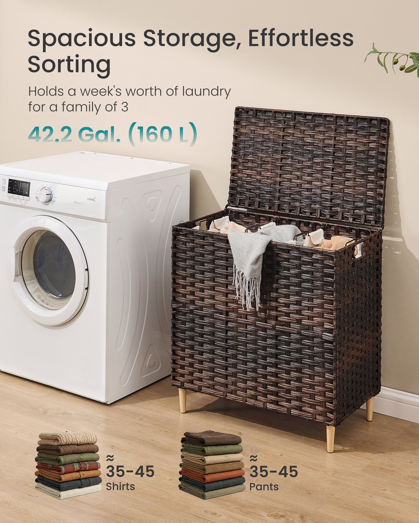 SONGMICS Laundry Hamper with Lid, PE Rattan Laundry Basket with Removable Liner, 3-Section Sorter, 42.2 Gallons (160 L), Chestnut Brown