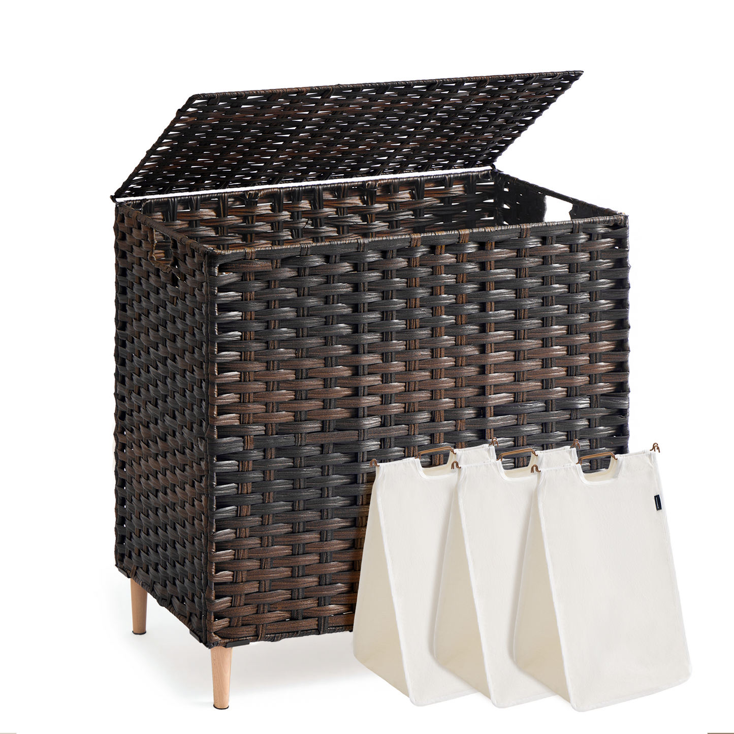 SONGMICS Laundry Hamper with Lid, PE Rattan Laundry Basket with Removable Liner, 3-Section Sorter, 42.2 Gallons (160 L), Chestnut Brown