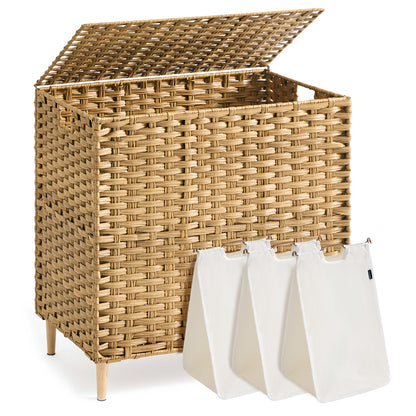 SONGMICS Laundry Hamper with Lid, PE Rattan Laundry Basket with Removable Liner, Storage Basket, 3-Section Sorter, 42.2 Gallons (160 L), Goose Yellow
