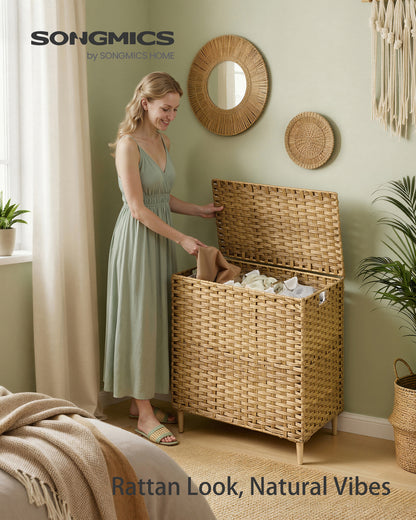 SONGMICS Laundry Hamper with Lid, PE Rattan Laundry Basket with Removable Liner, Storage Basket, 3-Section Sorter, 42.2 Gallons (160 L), Goose Yellow