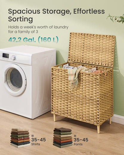 SONGMICS Laundry Hamper with Lid, PE Rattan Laundry Basket with Removable Liner, Storage Basket, 3-Section Sorter, 42.2 Gallons (160 L), Goose Yellow