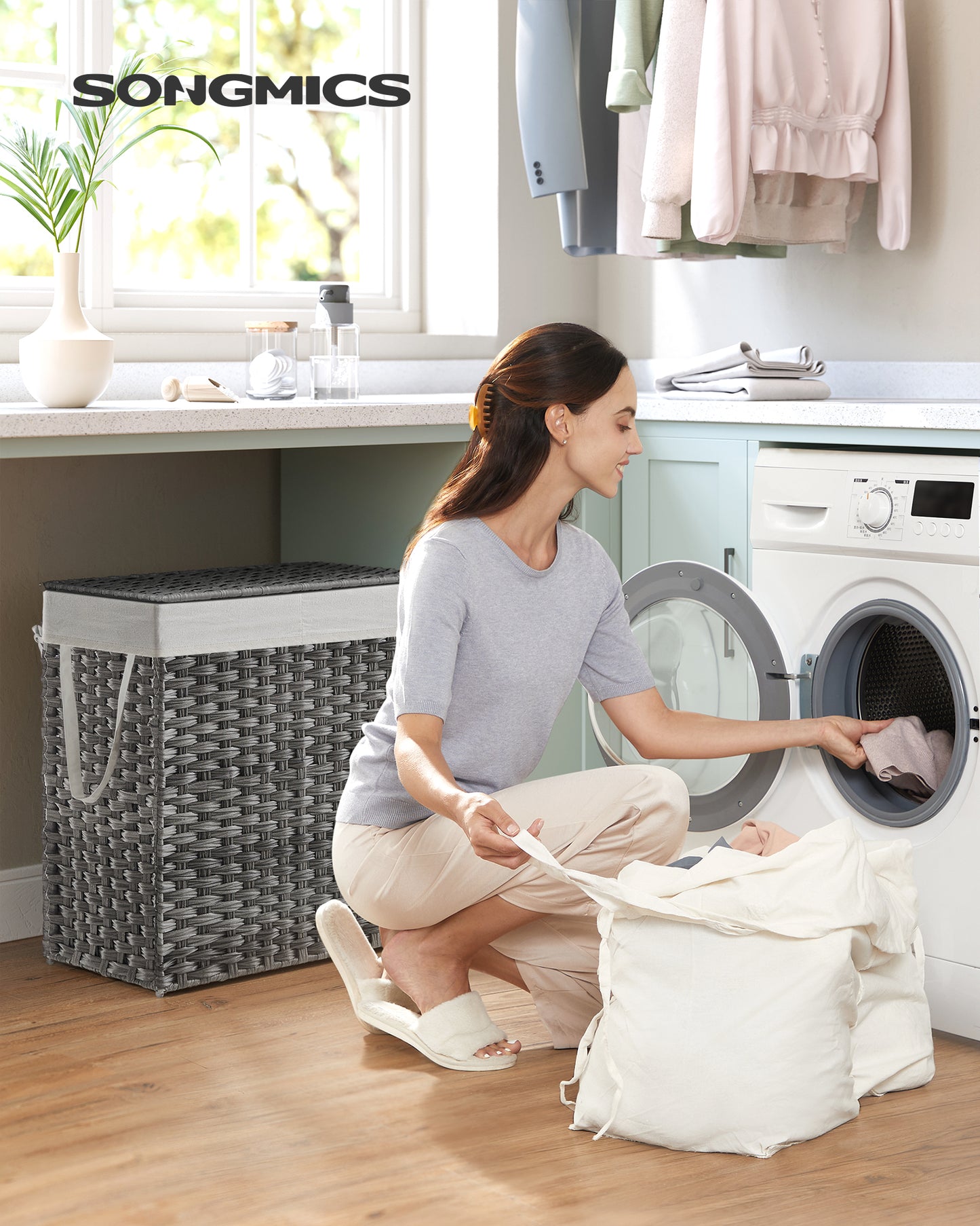 SONGMICS 110L Laundry Hamper with Lid Clothes Hamper with 2 Removable Liner Bags & 6 Mesh Bags Gray