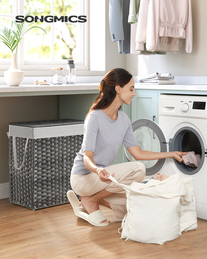 SONGMICS 110L Laundry Hamper with Lid Clothes Hamper with 2 Removable Liner Bags & 6 Mesh Bags Gray