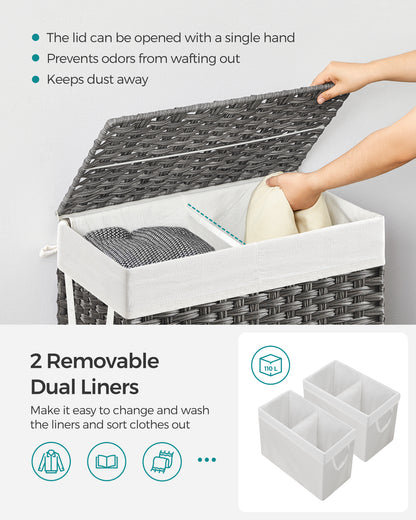 SONGMICS 110L Laundry Hamper with Lid Clothes Hamper with 2 Removable Liner Bags & 6 Mesh Bags Gray