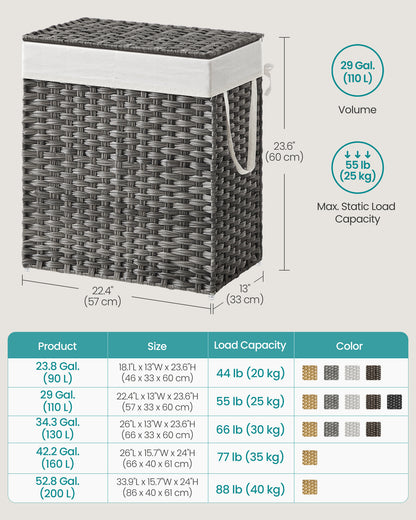 SONGMICS 110L Laundry Hamper with Lid Clothes Hamper with 2 Removable Liner Bags & 6 Mesh Bags Gray