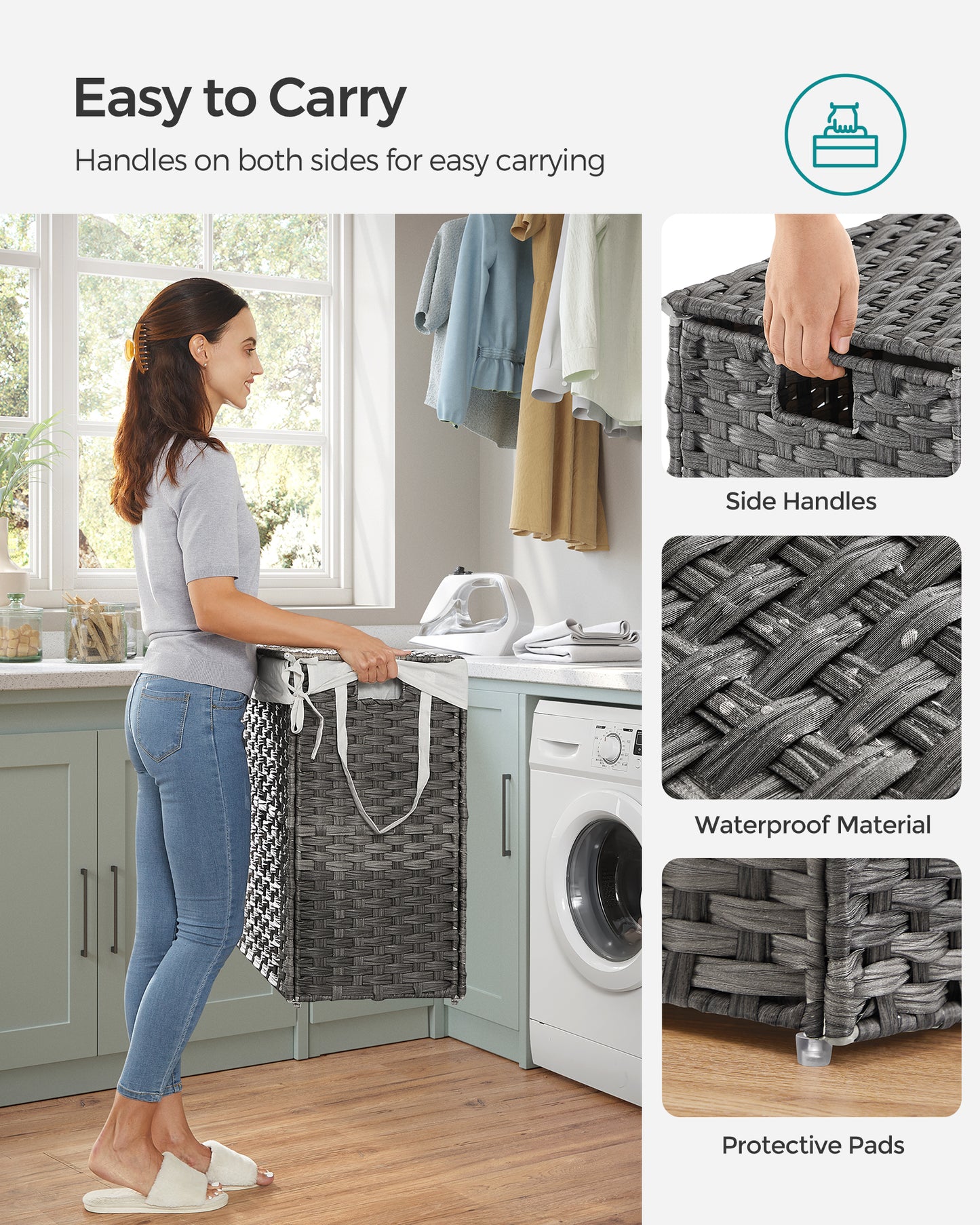 SONGMICS 110L Laundry Hamper with Lid Clothes Hamper with 2 Removable Liner Bags & 6 Mesh Bags Gray