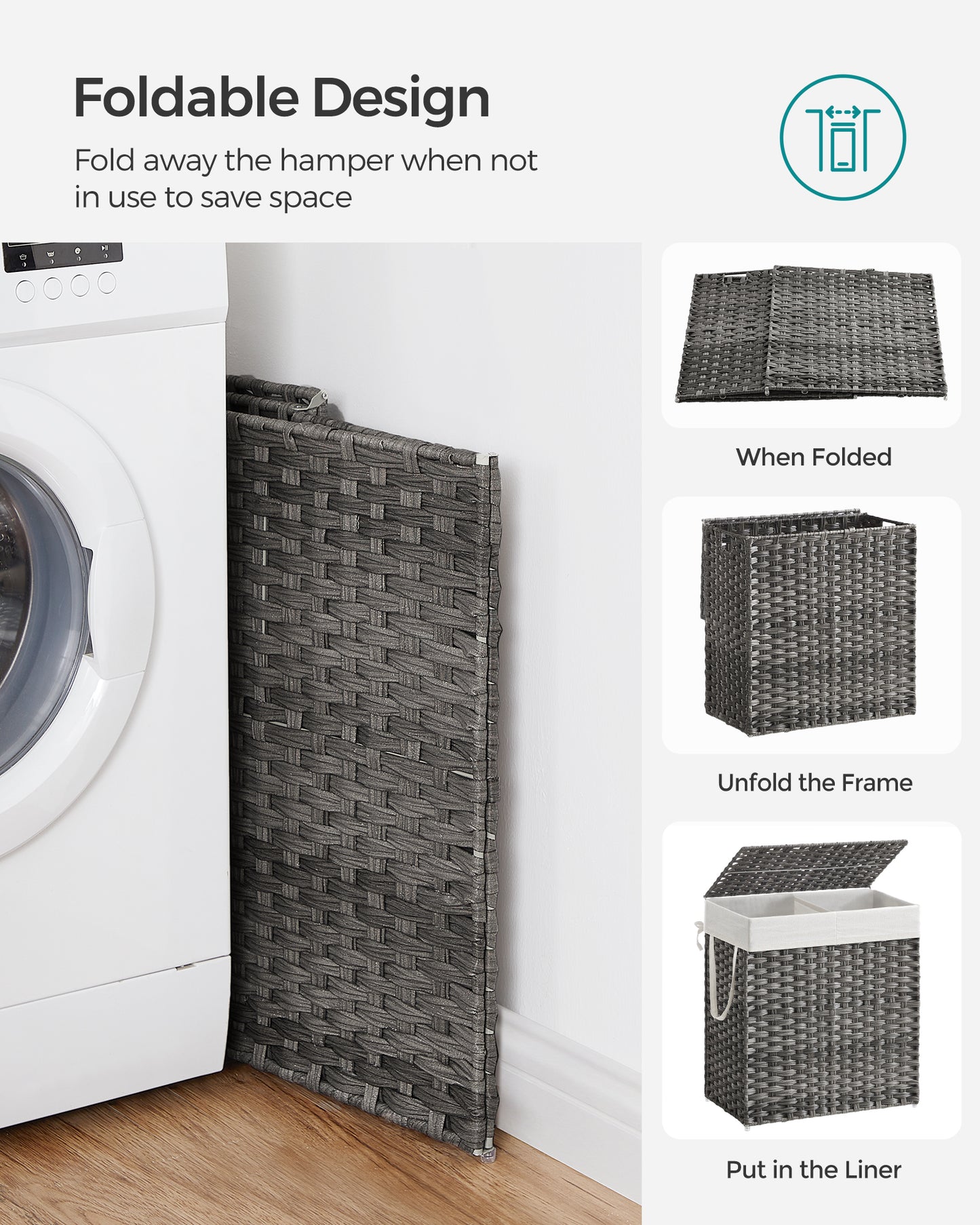 SONGMICS 110L Laundry Hamper with Lid Clothes Hamper with 2 Removable Liner Bags & 6 Mesh Bags Gray
