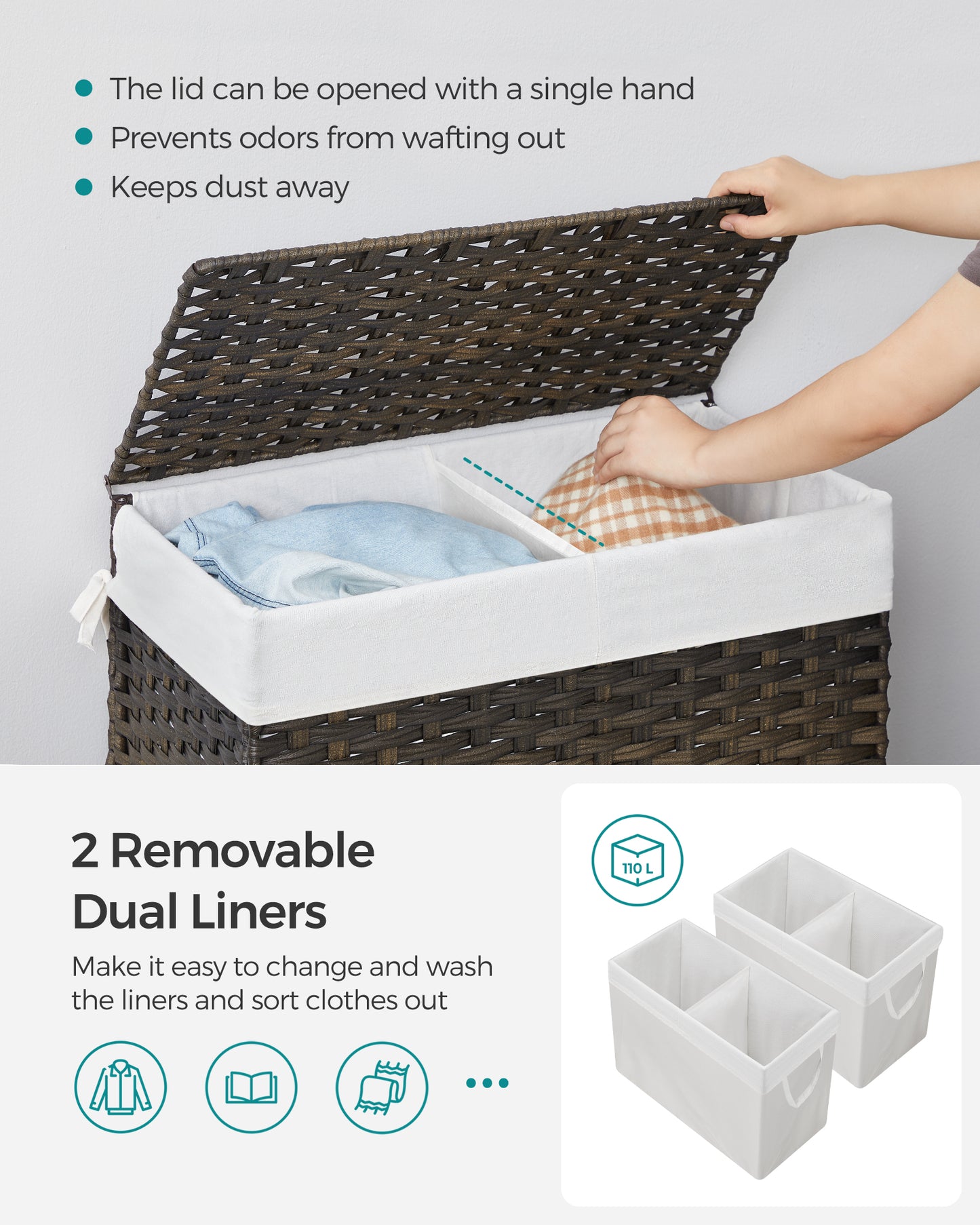 SONGMICS 110L Laundry Hamper with Lid Clothes Hamper with 2 Removable Liner Bags & 6 Mesh Bags Brown